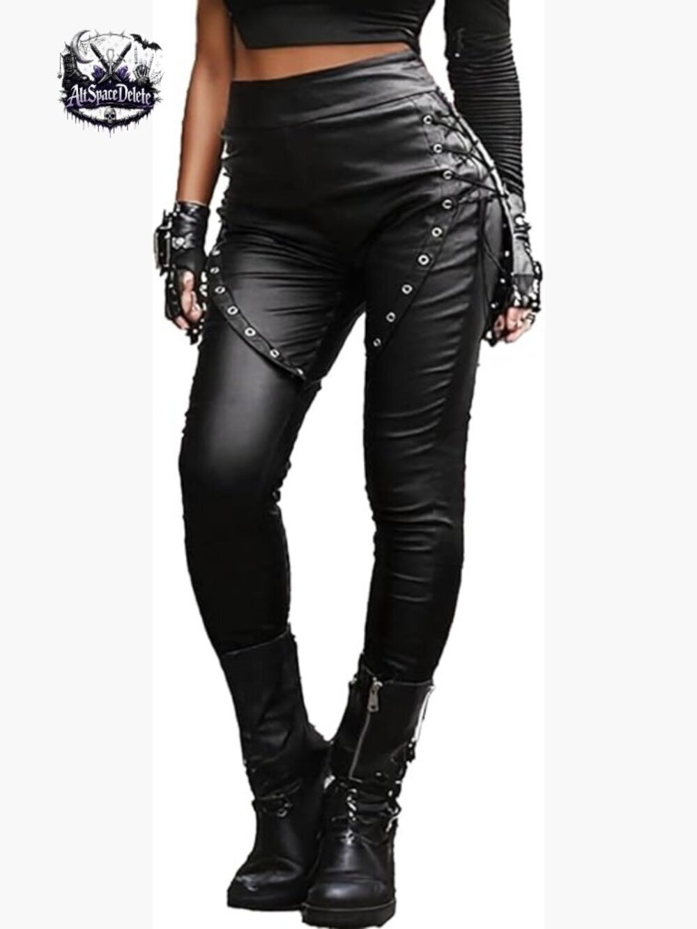 Fishnet Trim Lace Up PU Leather Pants Gothic Punk Leggings Women